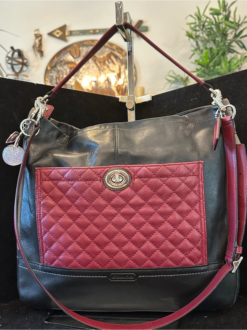 Coach#057 Park Quilted  Leather & Suede Gray  Black & Burgundy Hobo